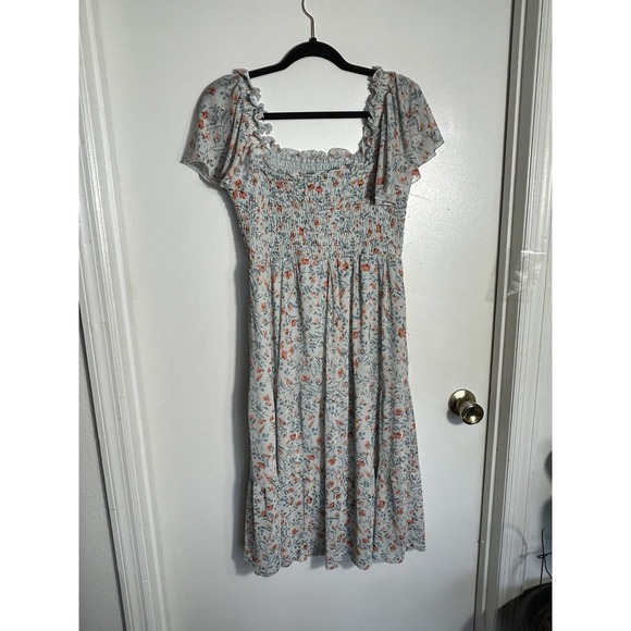 Luxology Floral Mesh Midi Dress Large Smocked Bodice Flutter Sleeve Cottagecore - Picture 10 of 10